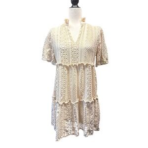 Tuckernuck Crochet Lace Tiered Mini Dress V-Neck Ruffle Boho Short Sleeve Size S